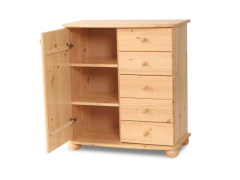 Anikó 5 fiókos, 1 ajtós komód, Kategória:Fenyő komódok és éjjeliszekrények, Szélesség:45cm Hosszúság:85cm Magasság:93cm